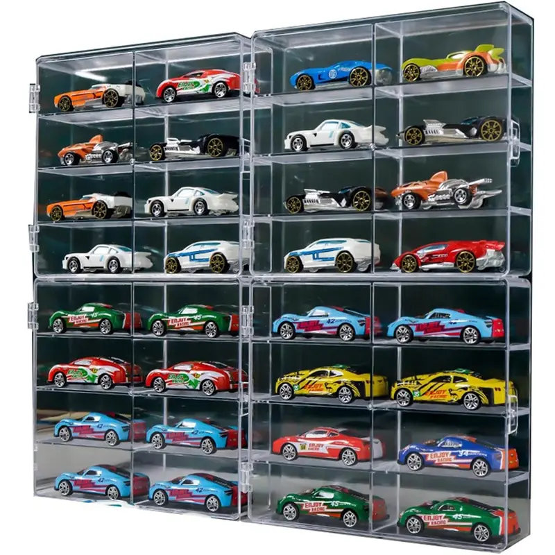Acrylic 1/64 Scale Car Display Rack & Storage Organization Set, 4 Stackable Compartment Racks (6.5x7.5x1.6in) with 32-Car Capacity, Dust-Resistant Transparent Box, Side-Opening Door for Collector Display & Flat Placement