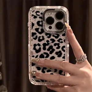 Luxurious Black Leopard Print & Rhinestone Fashion Phone Case - Transparent, Sparkling-Rimmed Protective Cover with Drop Protection; Compatible with iPhone 17 Pro Max, 17 Air, 16, 15, 14 Plus, 13, and 12 Series; The Perfect Gift.