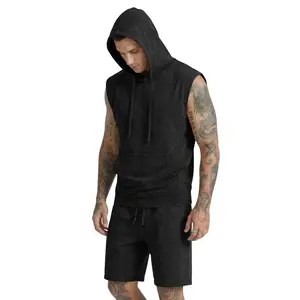 JMIERR Men's Vintage Acid Wash Two Piece Set Hooded Cotton Sleeveless Tank Top and Shorts