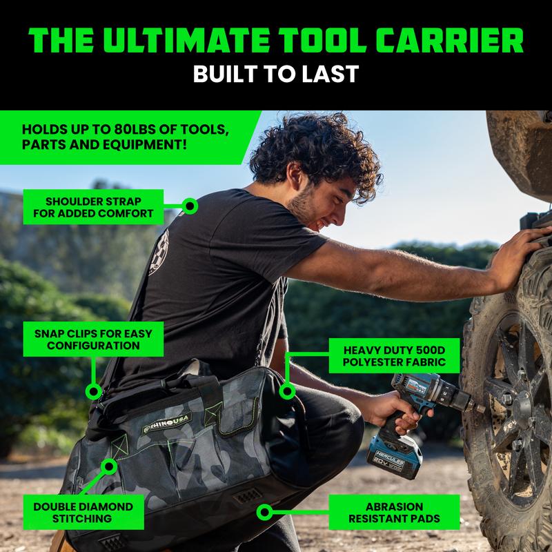 Rhino USA Heavy Duty Tool Bag Wide Mouth Tool Tote with Zipper, Large Tool Bag with Extra Side Storage Pockets, Reinforced Shoulder Strap & Metal Clips