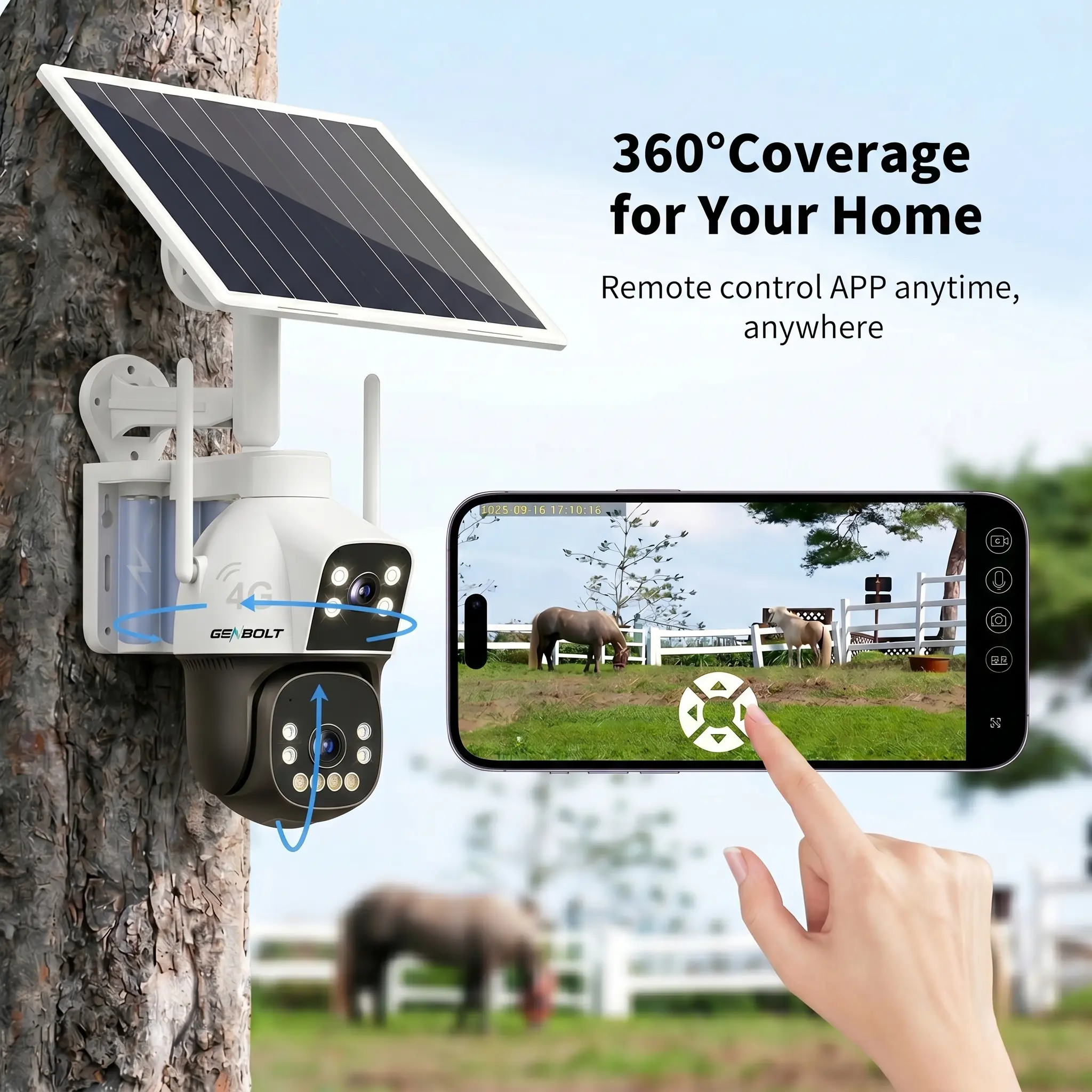 GENBOLT Wireless 4G Solar Security Camera, 2K Full Color Night Vision, 360° View, AI Human Detection, IP66 Waterproof, No WiFi Required, Data Refill Required