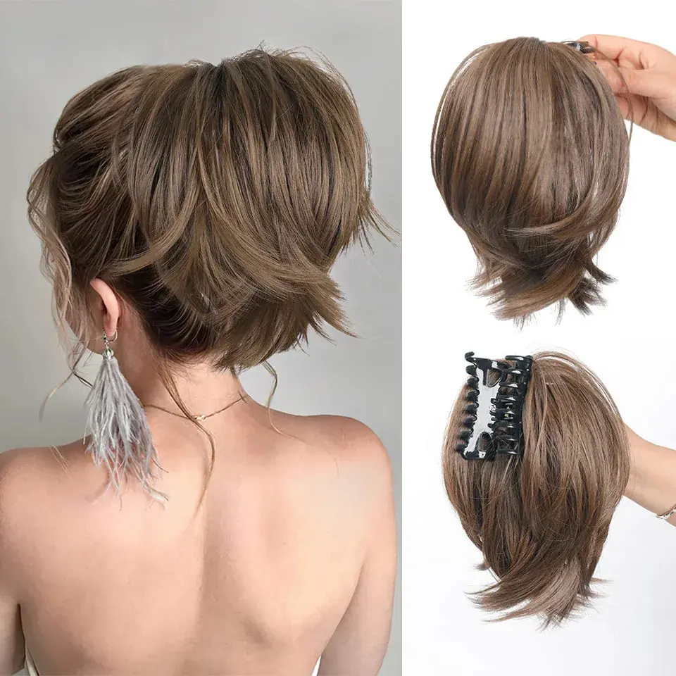 Ponytail Extension, 10" Short Claw Clip in Ponytail Hair Extensions Messy Bun Hair Piece Natural Soft Synthetic Straight Pony Tail Hair Pieces for Women - Honey Blonde with Highlights