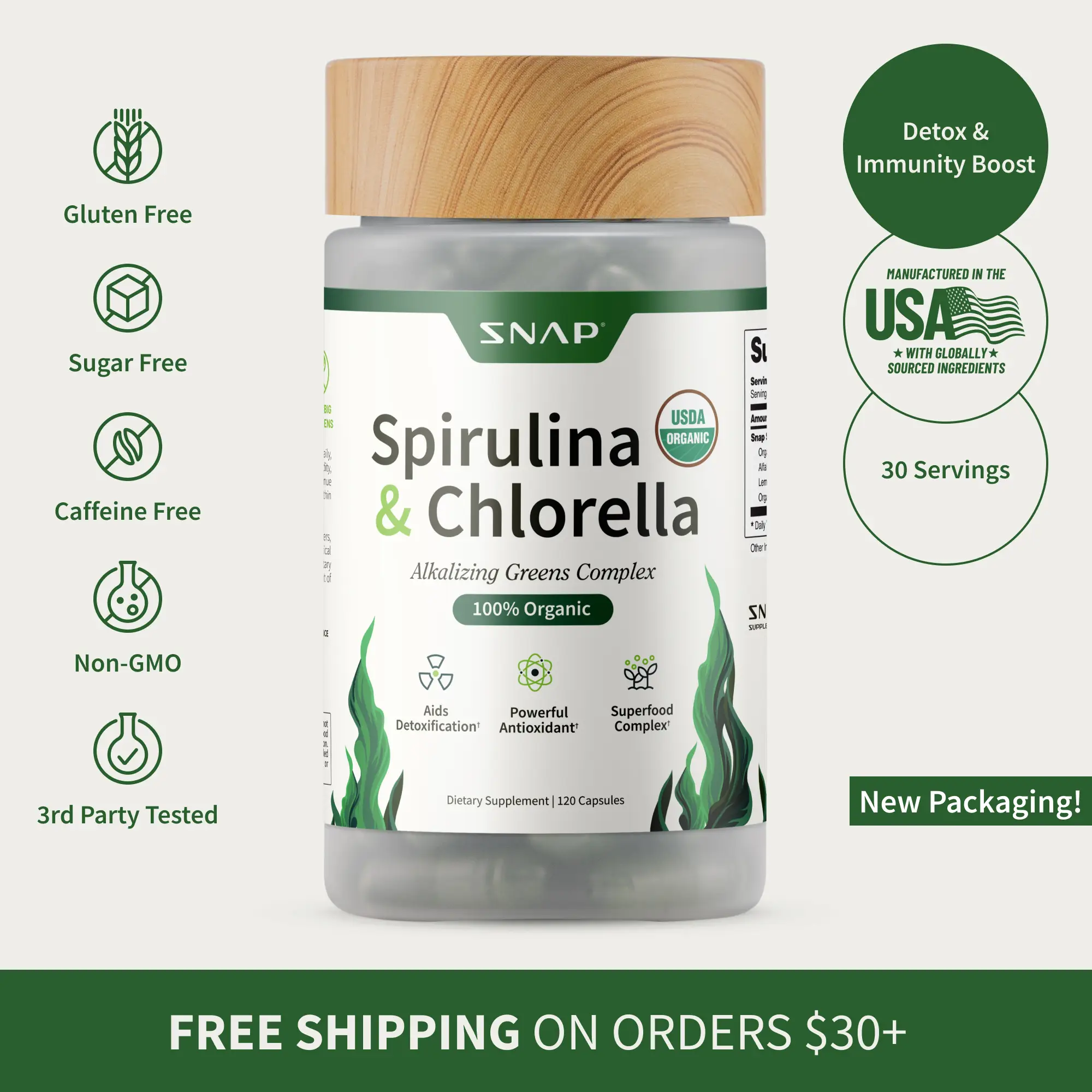 Snap Supplements - Spirulina + Chlorella - 30 Servings - Natural Supplement Capsules Healthcare Edible