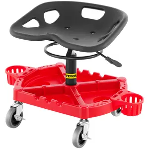VEVOR Rolling Garage Stool,  300LBS Capacity, Adjustable Height from 18 in to 23 in, 360-degree Swivel Wheels (4\"), Large Tool Tray with Two Bottle Holder, for Workshop, Auto Repair Shop, Red