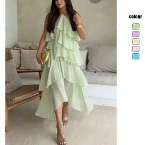 2026 New Ruffle Leaf Edge Elegant Temperament Neck Cake Chiffon Dress