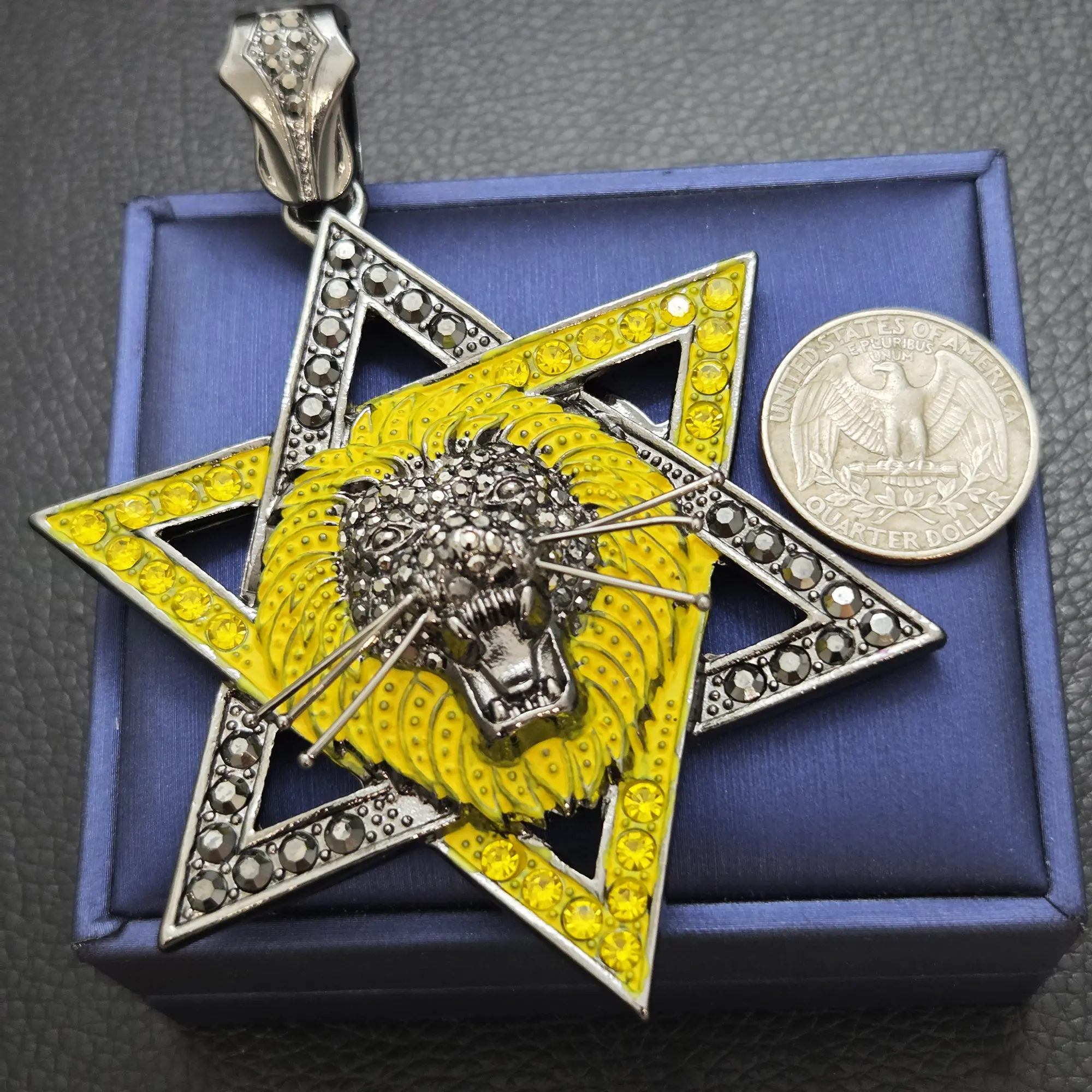 MaxBling81 Men's Charm Pendant, Large Hip Hop Iced Out Star of David Lion Head Design, Hematite-Plated Metal Coating for Daily Bling