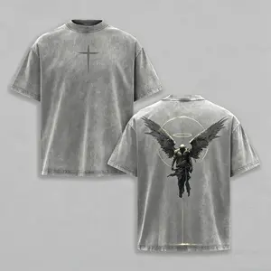 Archangel Acid Wash Oversized T-Shirt | Heavy Cotton Fallen Angel Graphic Tee | Y2K Streetwear Vintage Cross Shirt | Gothic Faith Crusader Armor Unisex Gym Pump Cover