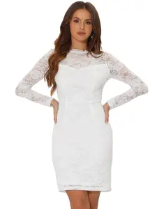 INSPIRE CHIC Elegant Floral Lace Boat Neck Cocktail Wedding Guest Bodycon Pencil Dress