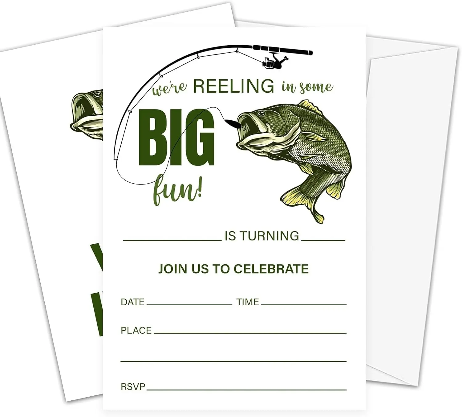 Fishing Theme Birthday Invitations, We're Reeling Birthday Invitation Cards, 20 Fish Invites with Envelopes for Party Supplies Decorations-C03