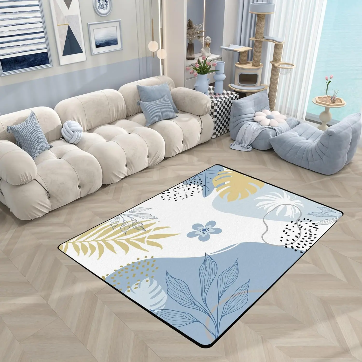 Light Blue Rug Cute Leaf Flower Rugs for Bedroom | Small Round 3 x 5 Area Rug Washable Non-Slip Boho Circle Rugs Botanical Leaves Abstract Carpet for Playroom Classroom Dorm Room Decor Aesthetic