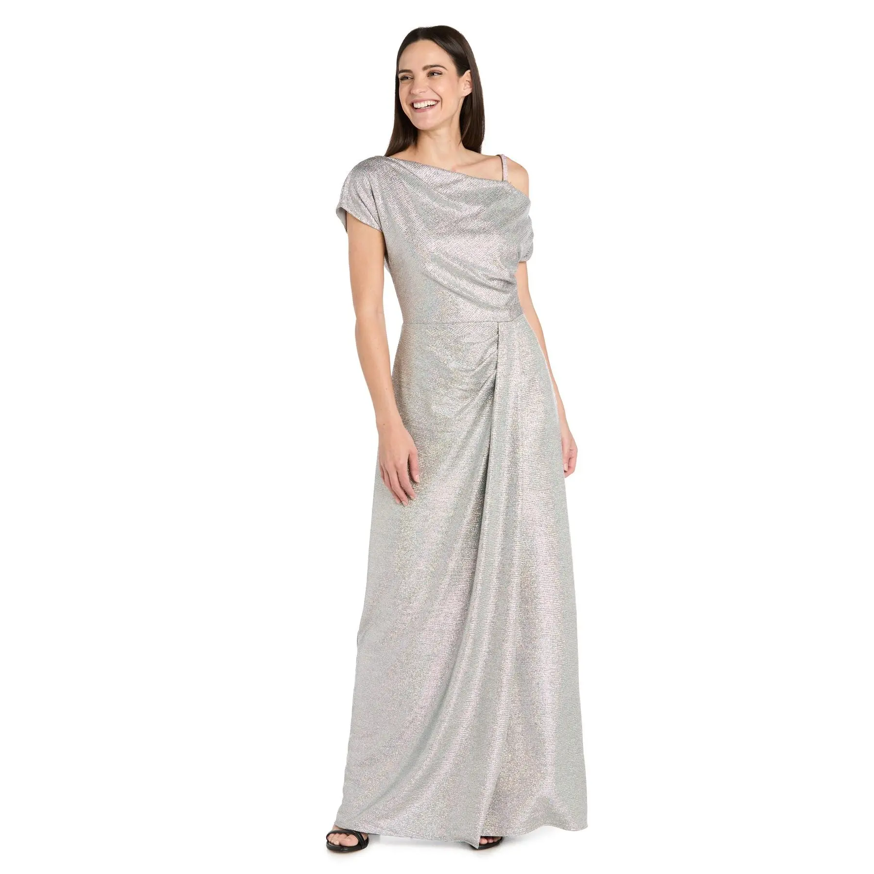 Silver Metallic Gown with Off-Shoulder Sleeve, Rhinestone Strap