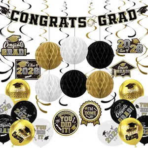Black and  Graduation Party Supplies Kit - Grad Decor Set with Congrats Grad Banner, Class of 2026  Swirls, Graduation Balloons & Honeycomb Balls - for High School & College Celebrations