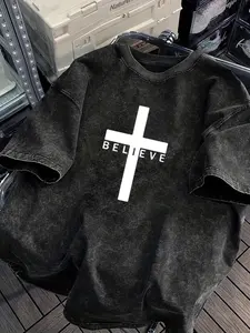 Printed Men'S Washed Short Sleeve - Black Oversized Faded T-Shirt with White Cross & 'BELIEVE' Print | Casual Style, Crew Neck, Slight Stretch Fabric, Perfect for Daily Gatherings Valentine's Day gift Vintage Crewneck merch for men good graphic tees