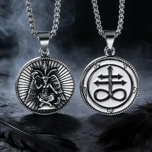 Satanic Necklace, Sigil of Baphomet & Leviathan Cross Both Sides Necklace, Stainless Steel Satanic Church Jewelry, Devil Demon Necklaces for Men Women