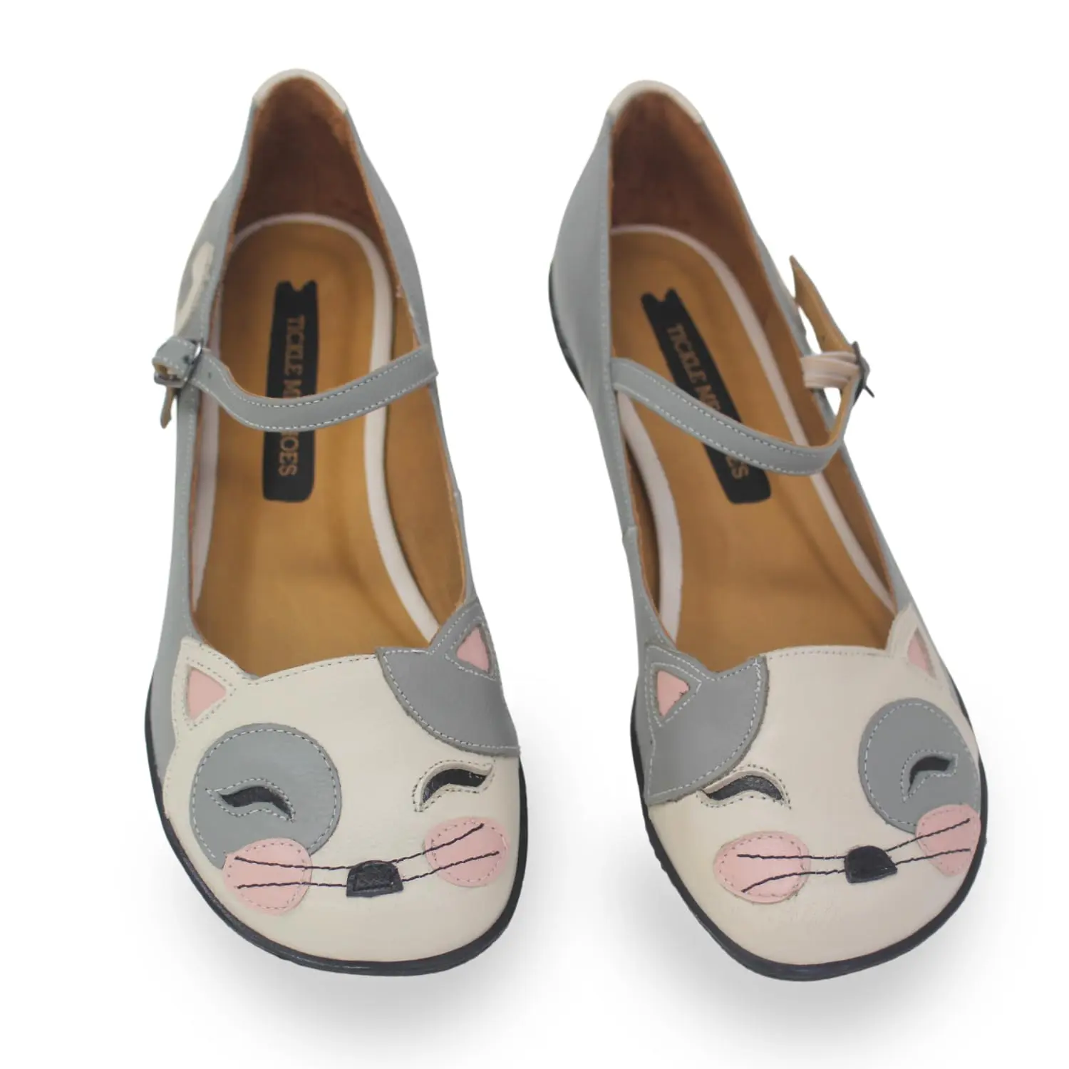 Kitty Face Mary Janes Flat Shoes for Women Grey, 6 Narrow