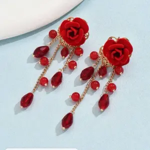 Gorgeous Red Rose Crystal Tassels Dangle Earrings for Women & Teens - Fashionable & Elegant Silver Rhinestone