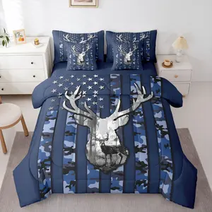 Hunting Deer 7 Piece Bedding Set American Flag Comforter Set with Sheets for Kids Boys Girls Navy Blue Camouflage Bed in a Bag Wild Animal Theme Bed Set Soft Lightweight