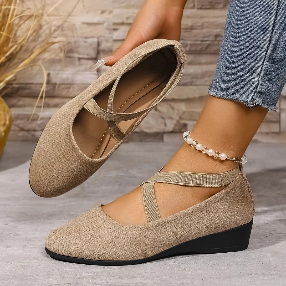 Ballet Flat Wedge Slip-On Loafers，2025 Summer New Breathable Suede Rubber Casual Wedge Heel Round Toe Shoes