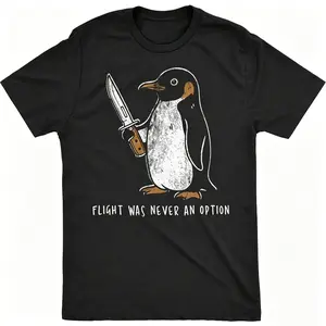 Men's Funny Penguin T-Shirt "Flying Was Never an Option" Sarcastic Graphic Tee - Vintage Crew Neck Short Sleeve Shirt with Penguin, Slight Stretch Fabric Suitable for Adults, Gym, Training & Casual Wear, Machine Washable Novelty Top