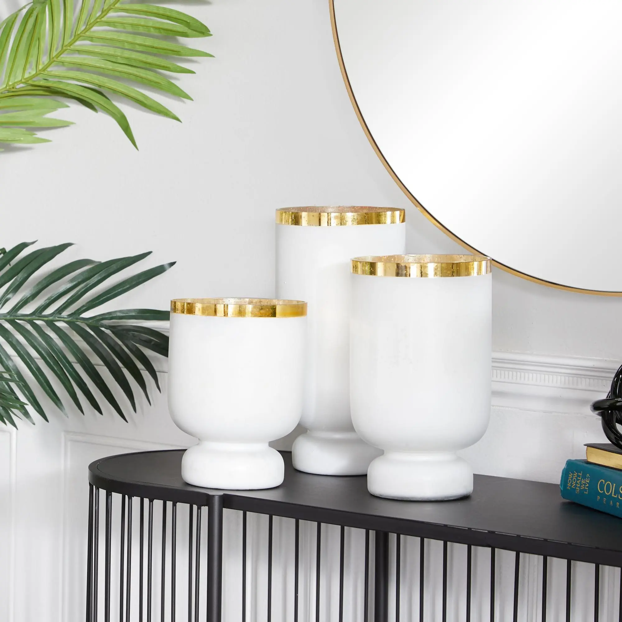 Glam Style Blown Glass Hurricane Lamp Set of 3 with Gold Interior, Table Top Design & Felt Stoppers (12in, 10in, 12in H), Three Pieces