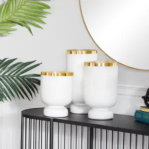 Set of 3 Glass Pillar Room Hurricane Lamp with Gold Interior Set of 3 12", 10", 12"H