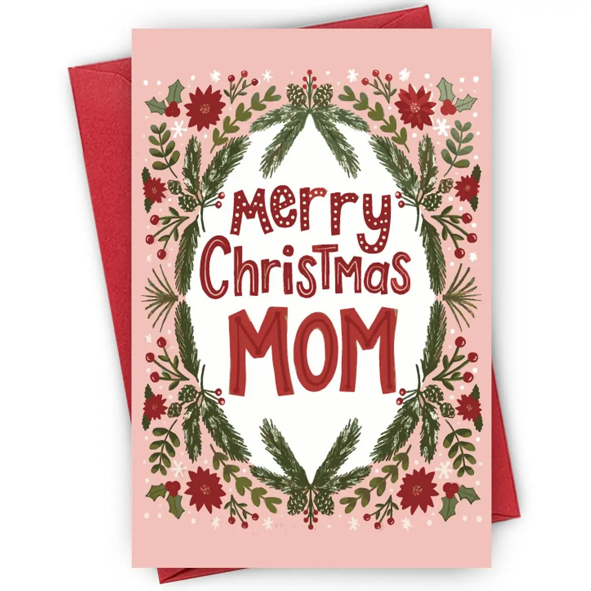 Elegant Christmas Card for Mom - "Merry Christmas MOM" Red Script | Poinsettia & Berry Wreath Frame, Snowflake Dots, Suitable for Maternal Gifts, Family Holiday, Custom Message Card