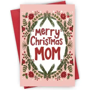 Elegant Christmas Card for Mom - "Merry Christmas MOM" Red Script | Poinsettia & Berry Wreath Frame, Snowflake Dots, Suitable for Maternal Gifts, Family Holiday, Custom Message Card