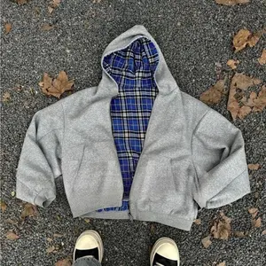 Women's Double-Sided Plaid Loose Zipper Hoodie Beige Fitted Long Sleeve Casual Versatile Sweatshirt Street Trend Game Day Pullover