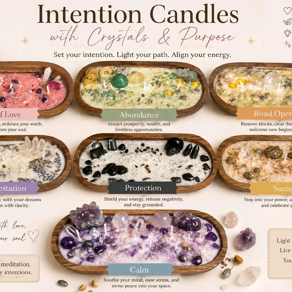 Intentional Wooden Candles Infused with Essential Oils, Herbs, and Crystals