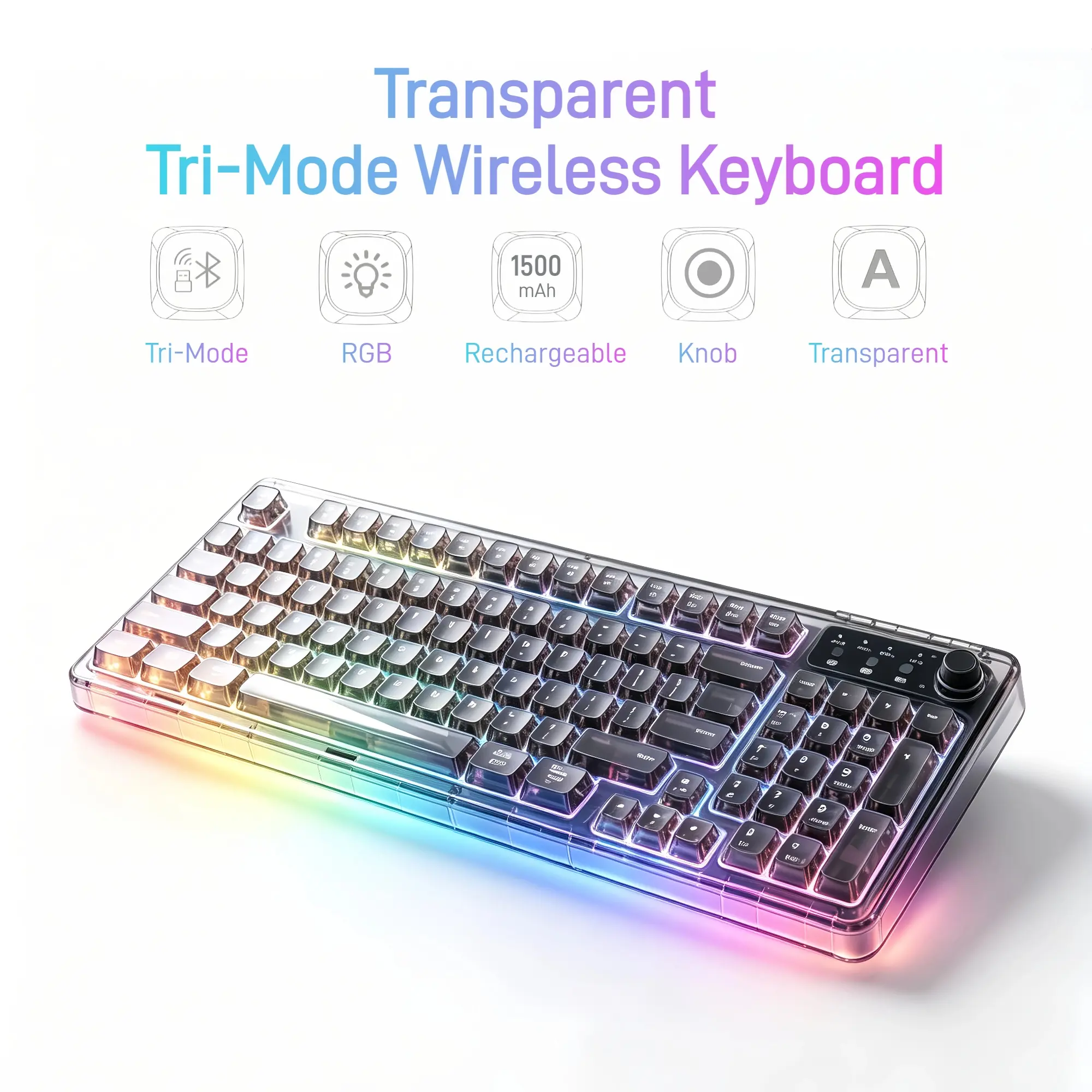 Crystal Transparent RGB Gaming Keyboard for PC Setup, 99-Key Wireless Keyboard with Mechanical Feel, Tri-Mode Bluetooth 5.0/2.4G/USB-C Connection, Rechargeable Backlit Keyboard with Volume Knob for Gaming Room, RGB Desk Setup & Computer, Black
