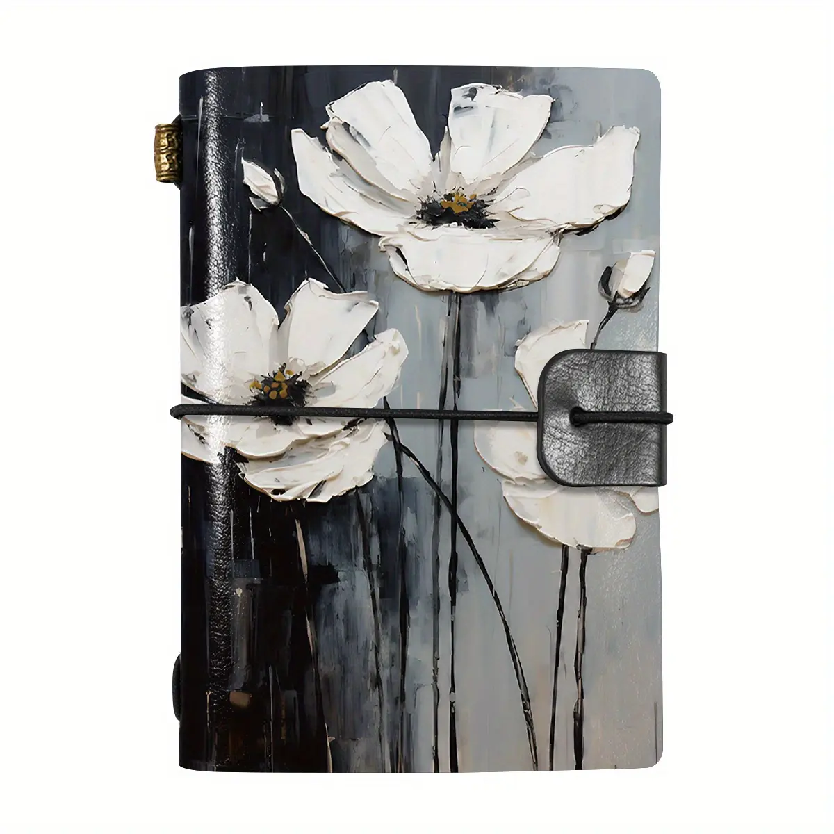1pc Short Pocket Subject Notebook A7 Size 5.5x3.7 Inches, White Flowers on Black Background Design Ideal Gift for Thanksgiving, Christmas and Birthday