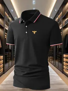 Men's Plus Size Business Polo Shirt, Polo Style, Loose Comfortable Breathable Fabric, Colorblock Collar Short Sleeve, Classic Bee Print, Summer Casual Sportwear