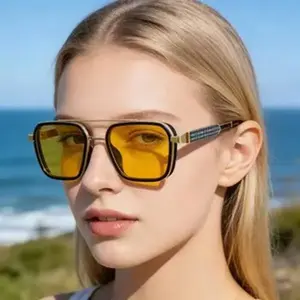 2026 Vintage Square Double Bridge Sunglasses for Men Women, Retro Y2K Yellow Tinted Lenses Shades, UV400 Metal Frame Fashion Eyewear, Trendy 70s Aesthetic Festival Glasses