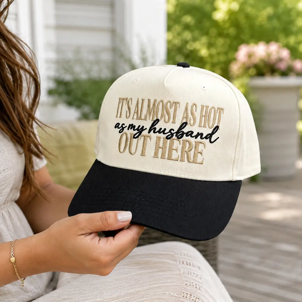 It's Almost As Hot As My Husband Out Here Embroidered Trucker Hat, Funny Wives Mesh Back Cap, Retro Snapback Hat for Women, Summer Beach Vacation Hat, Cute Wife Gift, Two Tone High Profile Structured Baseball Cap