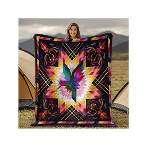 Quilted Blanket - Soft Flannel Bedspread Suitable All-Season Use With Hummingbird & Geometric Patterns, Bed, Sofa, Camping - Washable Cultural In Multicolor (Bedspread/Comforter)