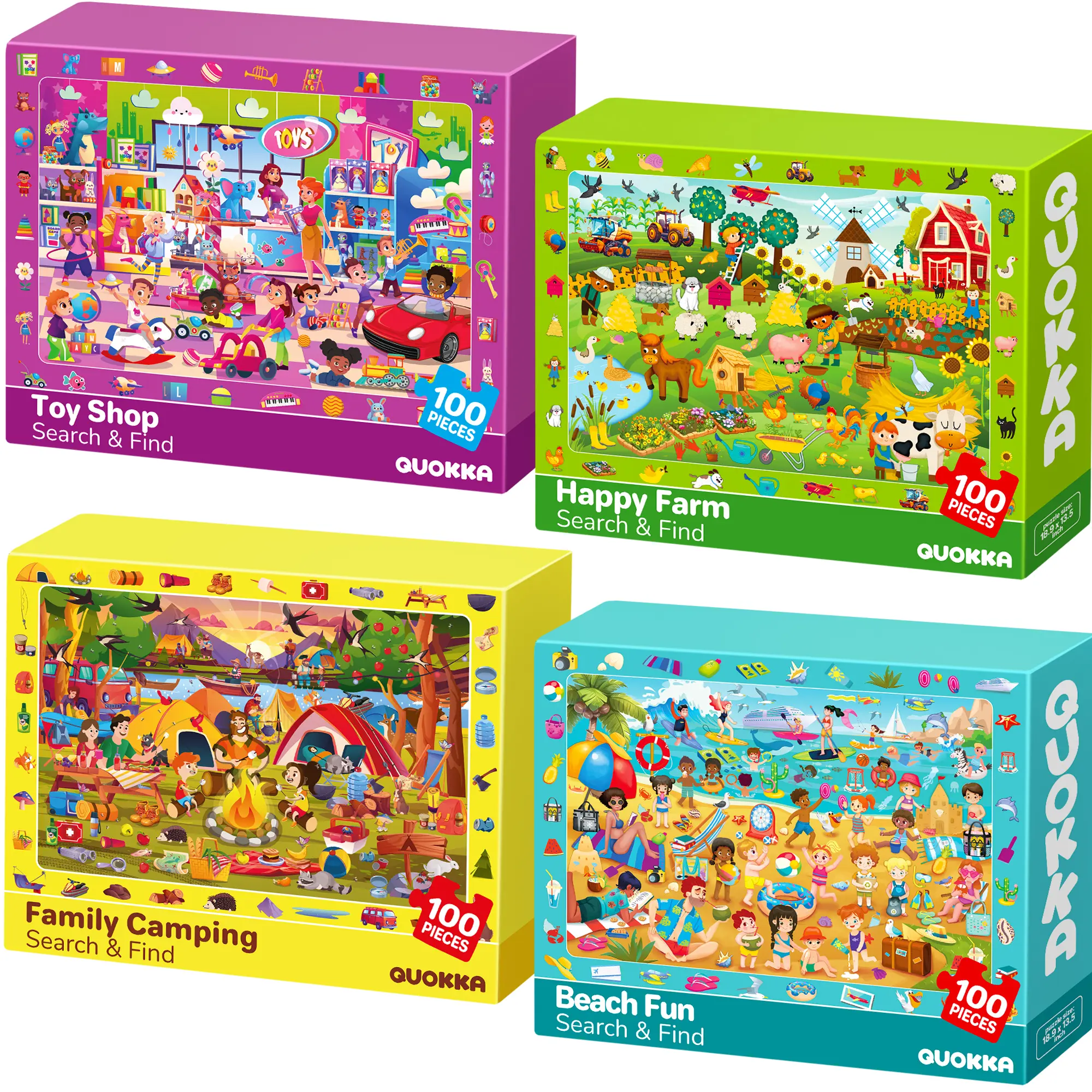 QUOKKA 4-Set 100-Piece Jigsaw Puzzles, Toddler Learning Toy with Daily Life Themes, Shape Recognition & Search-and-Find Puzzles, Shape Recognition Puzzles, Pieces Jigsaw Puzzles