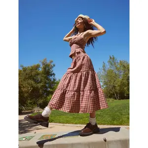 Cider Woven High Rise Gingham Tiered Midi Skirt