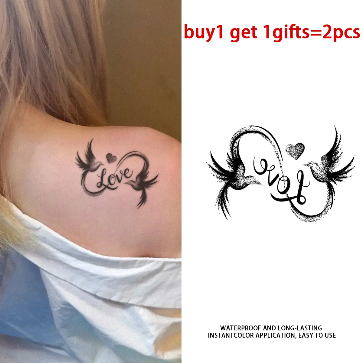 Love Bird Infinity Heart Series Temporary Tattoo Stickers - 2 Sheets Semi-Permanent Waterproof Realistic Fake Tattoos, Suitable for Men Women, All Skin Types Ideal for Swimming, Party, Beach