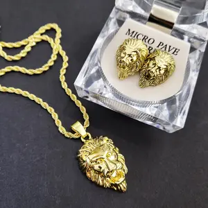 MaxBling81 Unisex Hip Hop Lion Head Bling Stud Jewelry Set - Earrings & Necklace, Daily Wear Rapper Costume Fashion Accessories Gift