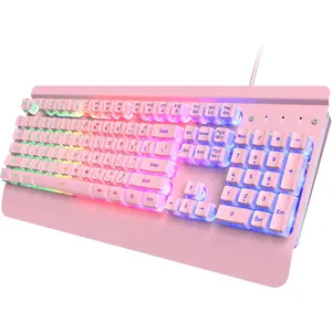 Creamy Keyboard, 104  -Metal Panel, Rainbow LED Backlit Silent Gaming Keyboard, Wrist Rest, PBT Keycap, Anti-ghosting , Light Up USB Wired  Keyboard for PC