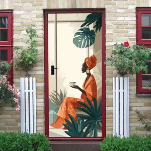 2pcs African Woman and Tropical Plants Decorative Wall Stickers Modern Minimalist Home Living Room Bedroom Art Stickers Removable Self Adhesive Waterproof PVC Wall Decals Home Decor Stickers