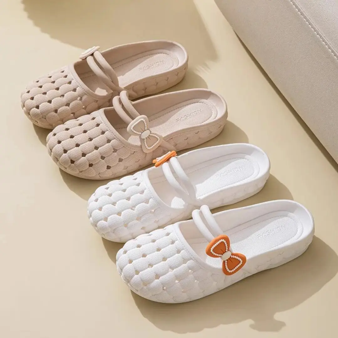 Chic Mary Jane Shoes for Women, Slip-On Round Toe Mules with Bow Detail, Fashionable Cutout Flats with Soft Sole, Cutouts, Mary Jane Style, Flexible, Breathable, Waterproof, All Seasons, Casual, Cutout Design