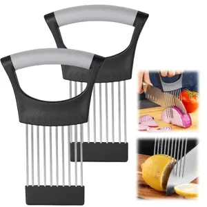 Onion Slice Holder 2024 New Stainless Steel Onion Holder for Slicing Chopper Slicing Assistant Tool Cutter for Slicing of Meat Onion Potato Tomato Kitchen Gadgets Grey 2 Pack