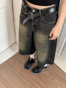 Summer Men's Wasteland Style Vintage Plain Washed and Distressed Non-Stretch Loose Jeans, Y2K Street Casual Versatile Capri Jeans, Men's Loose Straight-Leg Denim Shorts, Suitable as a Gift for Boyfriend or Husband