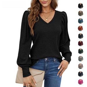 Women's Knit Shirt Soft Puff Long Sleeve Blouse Tops Lightweight V Neck Tunic XS-XXL Casual Winter Fitted Plain Black Thin summerwins