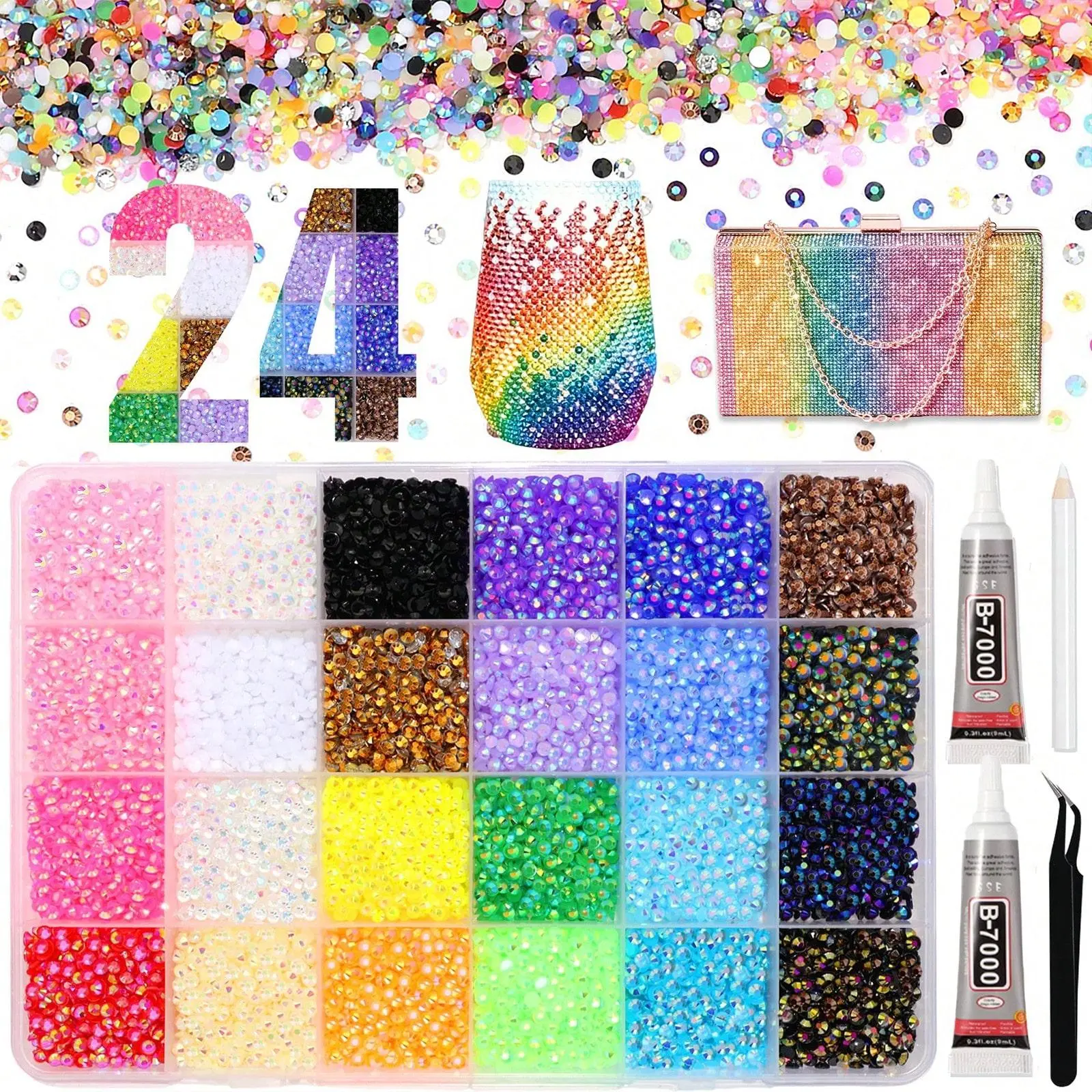 Bedazzling Kit, 24 Colors Resin Rhinestone Kit with Glue and Tweezers, 3mm DIY Bedazzling Gems for Crafting, Nail, Art, Makeup