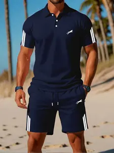New Men's Casual Sportswear Set, Leopard Print, Versatile Beach Vacation, Geometric Pattern, Slim-Fitting Tee, No Zipper