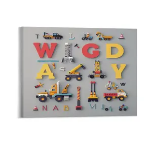Cartoon Construction Theme Canvas Posters Wall Art Prints Alphabet Digger Trucks Transport Vehicle Home Wall Aesthetic Living Room Bedroom Office Decor Festival Gift