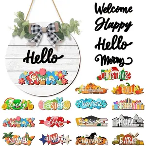20Pcs Interchangeable Welcome Sign for Front Door Seasonal Wooden Holiday Wreaths Farmhouse Door Decor Changeable Outdoor Decorations for Home Porch Gifts Christmas Fall Outside Hanging Sign