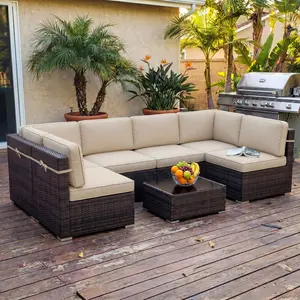 【4 Packages Shipping】LayinSun 7 Pieces Patio Furniture Conversation Sofa Set Outdoor Sectional Wicker Sofa Set with Coffee Table